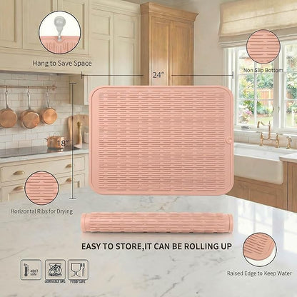 MicoYang Silicone Dish Drying Mat for Multiple Usage,Easy clean,Eco-friendly,Heat-resistant Silicone Mat for Kitchen Counter or Sink,Refrigerator or Drawer Liner Pink 2XL 24 inches x 18 inches - Image 2