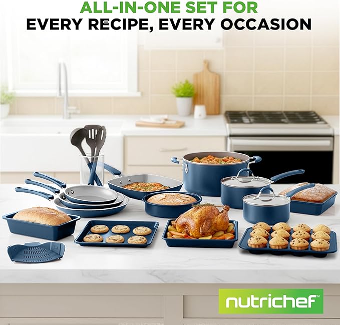 NutriChef Professional 20 Pc Pots and Pans Set Non Stick in Navy Blue - Includes Bakeware & Utensils, Induction Ready, Easy Clean - Image 7