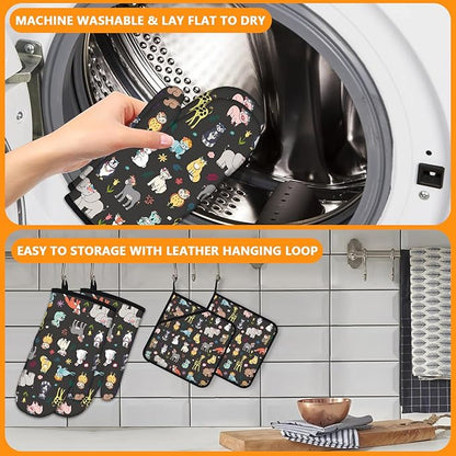 Cute Animals Oven Mitts and Pot Holders Sets 4Pcs,Extra Long Oven Gloves Potholder for Kitchen Cooking Baking BBQ 100% Cotton Heat Resistant - Image 5
