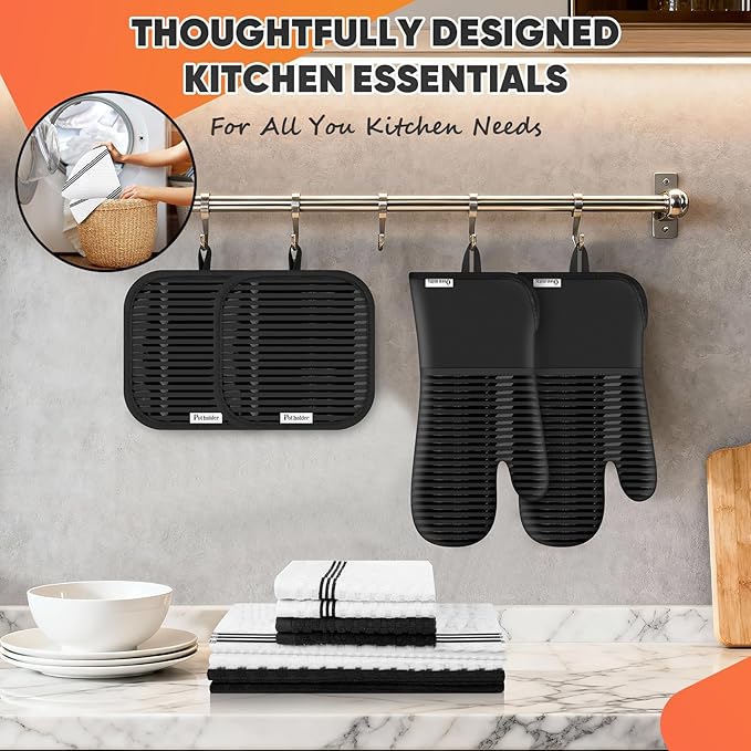 Oven Mitts Kitchen Towels and Dishcloths with Pot Holders Sets, Oven Gloves Hot Pads 500°F Heat Resistant with Silicone Grip, Include 2 Cooking Gloves/2 Potholders/4 Kitchen Towels/4 Dish Towels - Image 5