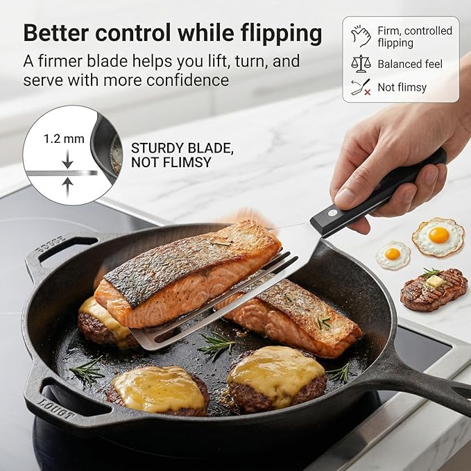 Stainless Steel Fish Spatula, 12.2" Slotted Metal Turner with Heat-Resistant PP Handle, Thin Beveled Edge, Sturdy 1.2 mm Blade for Fish, Burgers, Eggs, Pancakes, Cast Iron & Grill