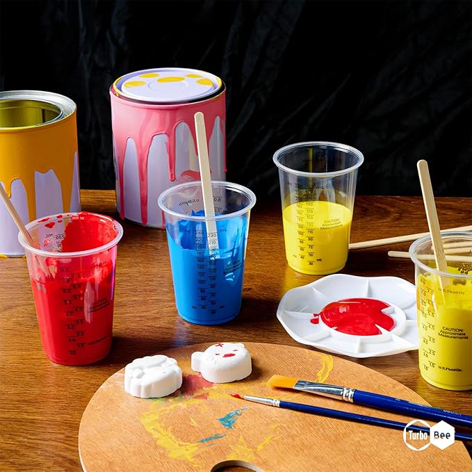 Turbo Bee Plastic Measuring Cups 8OZ,100 PACK Disposable Mixing Cups with 100 Mixing Sticks,Paint Graduated Measuring Tumblers for Epoxy Resin, Paint Mixing, Art DIY - Image 2