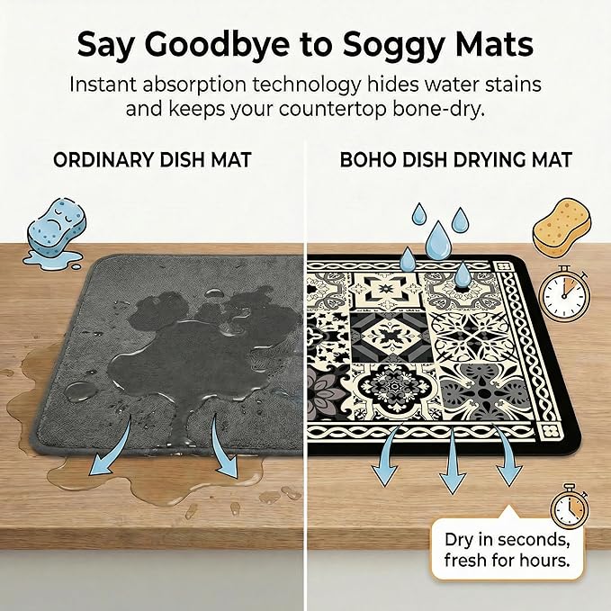 Boho Dish Drying Mat for Kitchen Counter - Super Absorbent Faux Leather Kitchen Mat, Quick Dry & Non-Slip Countertop Protector, Aesthetic Bohemian Decor for Coffee Bar (16"x21", Black)