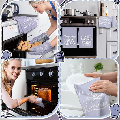 Sratte 6 Pcs Kitchen Decor Accessories Set Farmhouse Towels Pot Holders Oven Mitts Set 2 Dish Towels 2 Potholders 2 Cooking Mittens Oven Glove for Christmas Baking Cooking(Dreamy Purple,Kitchen) - Image 5