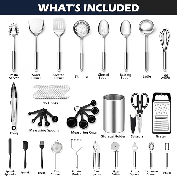E-far Stainless Steel Kitchen Utensils Set, 39-Piece Cooking Utensils Set with Holder, Non-toxic Metal Heat Resistant Kitchen Gadgets Cookware Tool Spatula Set for Cooking, Dishwasher Safe - Image 2