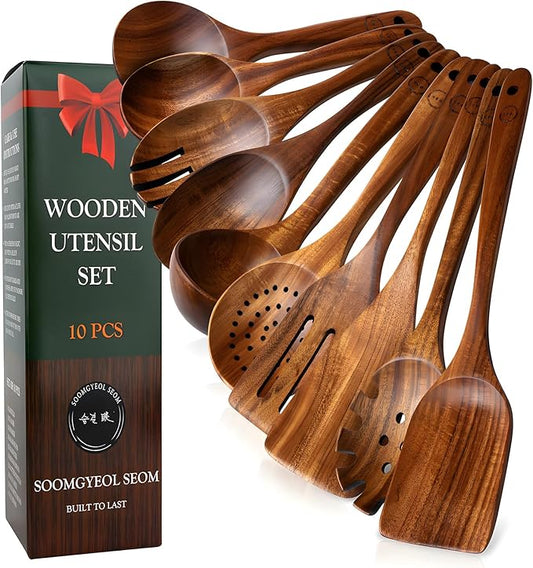 10-Piece Natural Teak Wood Utensil Set - Nonstick Cooking Spoons & Spatulas, Heat Resistant Kitchen Tools by SOOMGYEOLSEOM