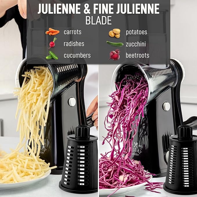 Zulay Kitchen Rotary Cheese Grater 5 Blade Cheese Shredder - Manual Hand Crank Cheese Grater With Reinforced Suction & 5 Interchangeable Drums - Easy to Use, Vegetable Chopper Round Mandoline Slicer - Image 6