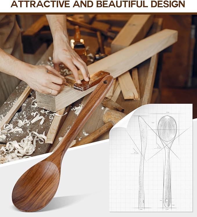 Wooden Spoons for Cooking, Natural Premium Teak Wooden Spoons, Good Grip Large Cooking Spoons and Wooden Spatula, Heat Resistant Wooden Cooking Utensils for Nonstick Cookware Serving, Perfect Gifts - Image 4
