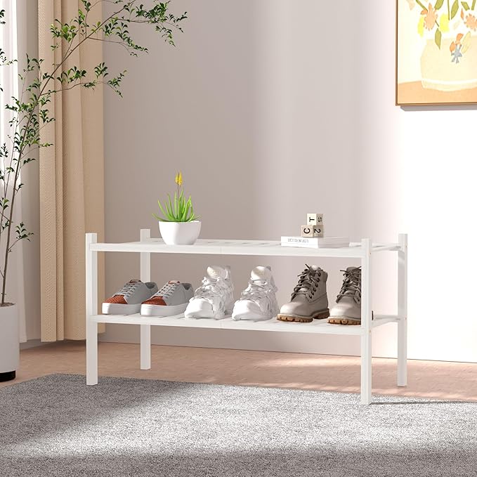 ROMGUAR CRAFT 2 Tier Bamboo Shoe Rack for Closet Free Standing Wood Shoe Shelf for Entryway Small Space Stackable 27"x11"x13" (White) - Image 2