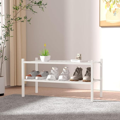 ROMGUAR CRAFT 2 Tier Bamboo Shoe Rack for Closet Free Standing Wood Shoe Shelf for Entryway Small Space Stackable 27"x11"x13" (White) - Image 2