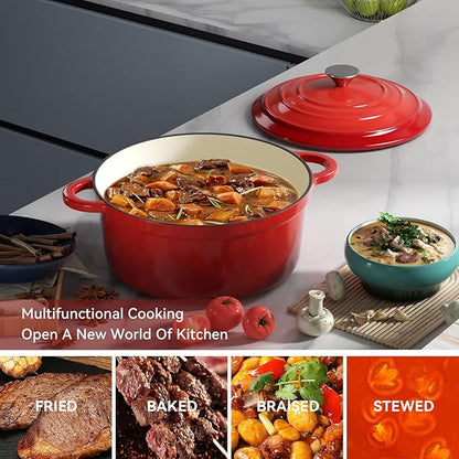 Miereirl 4.5 Quart Enameled Dutch Oven Pot with Lid, Cast Iron Dutch Oven with Dual Handles for Bread Baking, Cooking, Non-stick Enamel Coated Cookware (Red) - Image 6
