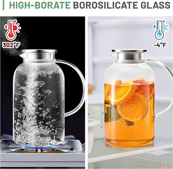 SUSTEAS 2.2 Liter 75oz Glass Pitcher with Lid, Easy Clean Heat Resistant Glass Water Carafe with Handle for Hot/Cold Beverages - Water, Cold Brew, Iced Tea & Juice, 1 Long-Handled Brush Included - Image 4