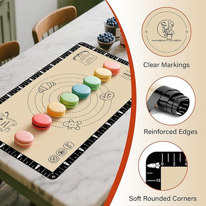 Silicone Baking Mat with Recipes, Silicone Mat for Baking Macaron, Bread, Pizza, Surdough, Silicone Baking Mat with Measurement, Non Stick Pastry Mat for Dough Rolling