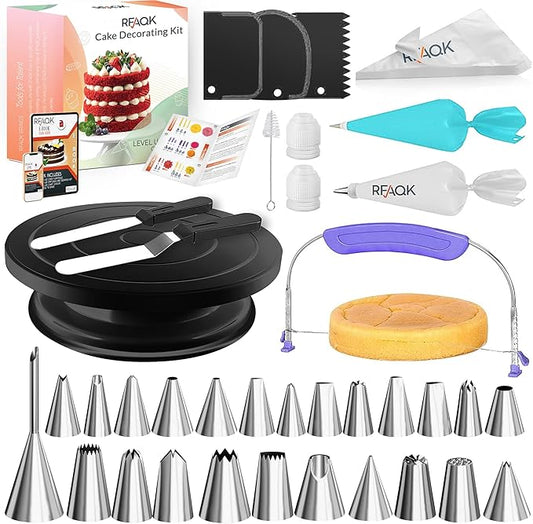 RFAQK 90PCs Cake Decorating Kit with Leveler, Baking Supplies Gift Includes Cake Stand Turntable, 24 Numbered Icing Tips, 55+1 Piping Bags, 2 Frosting Spatulas, 3 Scrappers, Video Course & Booklet by RFAQK