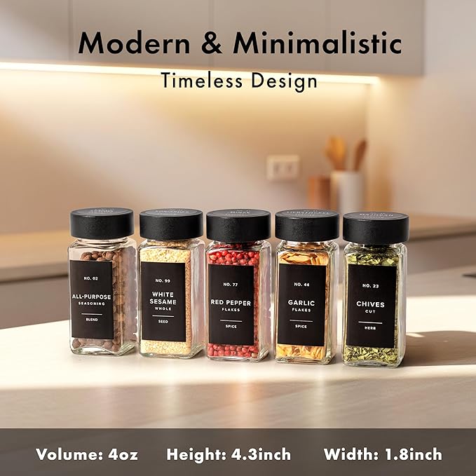 EDELHAUS® Square Spice Jars with Bamboo Wooden Lid (Pack of 24) Spice Jars with Shaker Insert and 240 Labels - Bamboo Lid Glass Container for Spice Organisation [4.3 in × 1.8 in] - Image 2