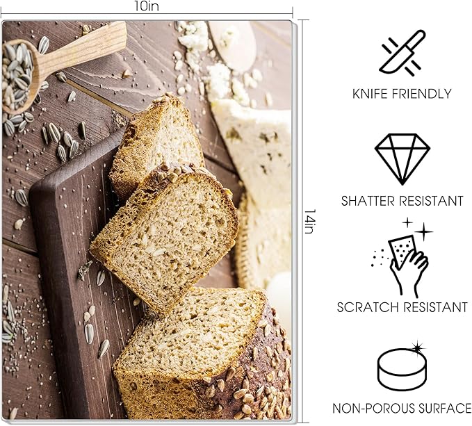 JAMBALAY Tempered Glass Cutting Board, 10"x14" for Kitchen Dishwasher Safe with Rubber Feet, Scratch Resistant, Heat Resistant, Shatterproof, Bread Pattern