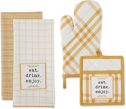 DII Home Sweet Farmhouse Kitchen Collection, Potholder/Oven Mitt/Dishtowel Set, Honey Gold, 4 Count