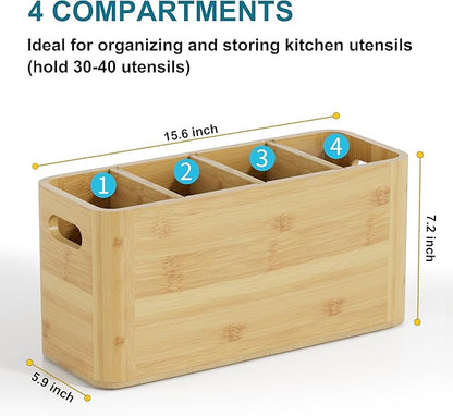 Bamboo Utensil Holder for Kitchen Counter, Extra Large Utensil Organizer for Countertop with 4 Compartments, Cooking Utensil Holder for Spatula Kitchen Storage