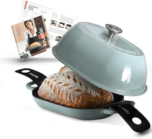 Krustic Enameled Cast Iron Dutch Oven for Professional Sourdough Bread Baking | 5.5 Quart Loaf Size Oval Cookware Pot with Lid | Triple-Layer Enamel Coating Pan with Non Stick Silicone Mat | Sea Salt