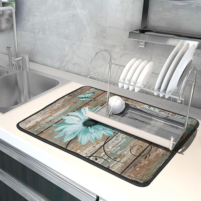 Giwawa Rustic Daisy Dish Drying Mat for Kitchen Countertop 18x24 inch Teal Sunflowers on Wooden Board Dish Drainer Mats Fast Drying Country Vintage Shabby Chic Flower Dish Drying Pad Decor Large