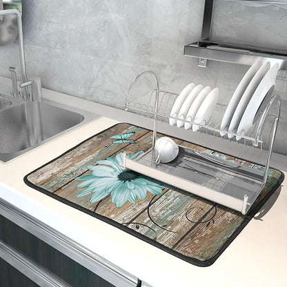 Giwawa Rustic Daisy Dish Drying Mat for Kitchen Countertop 18x24 inch Teal Sunflowers on Wooden Board Dish Drainer Mats Fast Drying Country Vintage Shabby Chic Flower Dish Drying Pad Decor Large