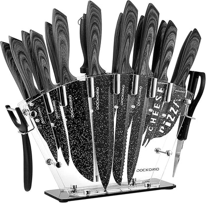 all in one Kitchen Knife Set with Block, 19 PCS High Carbon Stainless Steel Sharp Serrated Steak Knives Set, Chef Knives, Bread Knife, Scissor, Sharpener, by Dockorio