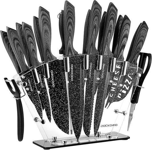 all in one Kitchen Knife Set with Block, 19 PCS High Carbon Stainless Steel Sharp Serrated Steak Knives Set, Chef Knives, Bread Knife, Scissor, Sharpener, by Dockorio