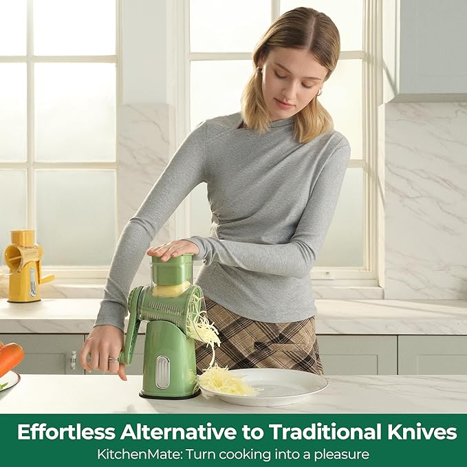 SUSTEAS Rotary Cheese Grater with Handle - Vegetable Shredder with 5 Well-designed Blades & Strong Suction Base,Round Mandoline Slicer & Food Chopper for Kitchen,with Blade Storage Box(Retro Green) - Image 6