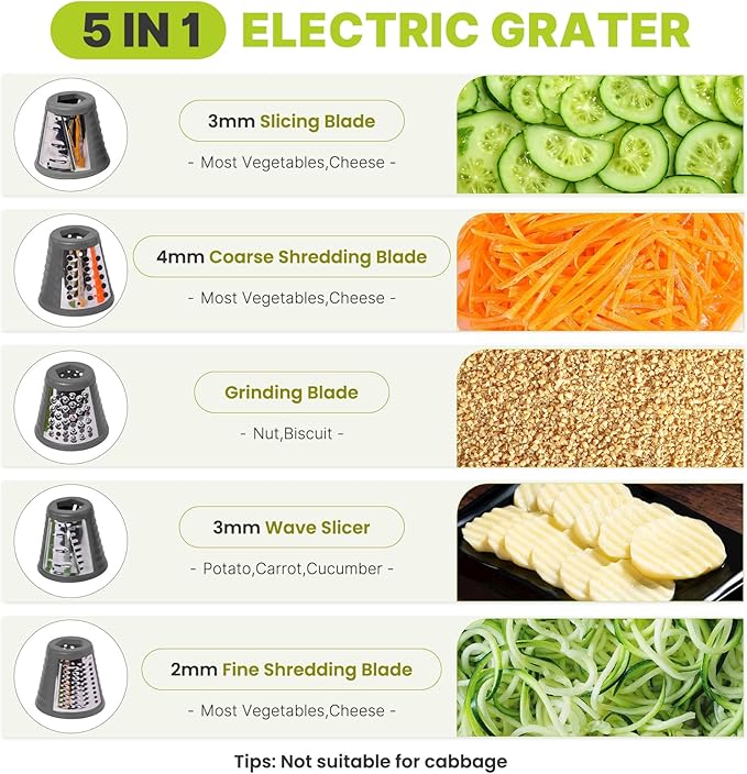 Mokero 5 in 1 Electric Cheese Grater for Block Cheese, Kitchen Automatic Cheese Shredder & Salad Shooter, Easy to Clean Vegetable Chopper for Cheese,Cucumber, Potato, Carrots, Nut - Image 2