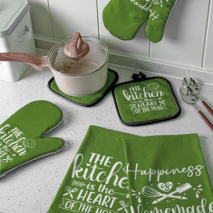 Sratte 6 Pcs Kitchen Decor Accessories Set Farmhouse Towels Pot Holders Oven Mitts Set 2 Dish Towels 2 Potholders 2 Cooking Mittens Oven Glove for Christmas Baking Cooking(Avocado Green,Kitchen) - Image 3