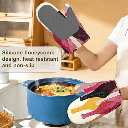 Red Wine Bottle Oven Mitts and Pot Holders Sets,Silicone Kitchen Mitts Potholders Heat Resistant 4Pcs Oven Gloves Hot Pads for Kitchen Baking Cooking