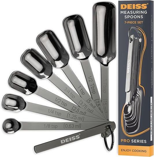 Deiss PRO Heavy Duty Stainless Steel Measuring Spoons for Cooking Spices Dry or Liquid Ingredients Fits in Spice Jar Adjustable Measuring Spoon Set of 7 Measuring with Leveler Measuring Spoons Set by DeissKitchenware