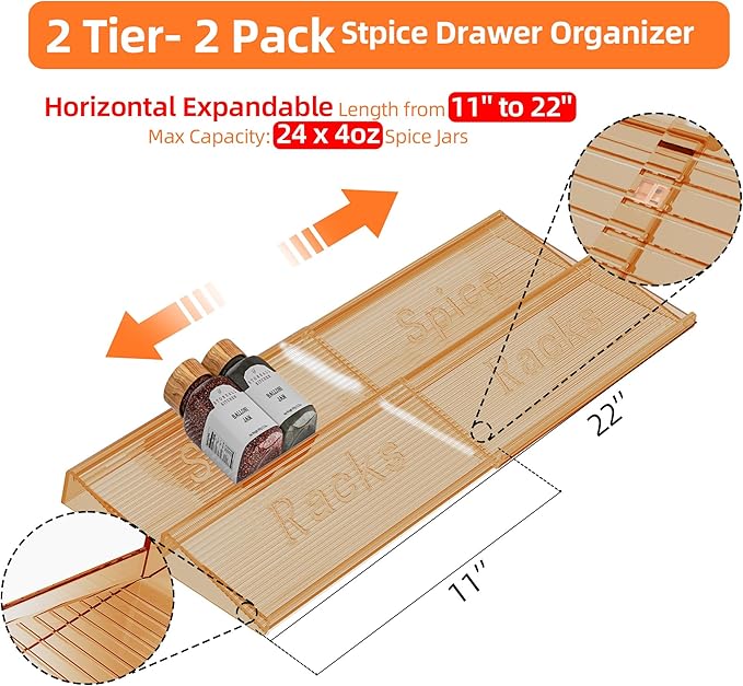 MUDEELA Clear Spice Drawer Organizer, 2 Tier - 2 Set (2 Packs) Spice Rack for Drawer, Expandable From 11" to 22" Kitchen Seasoning Organizers and Storage for Drawer (Jars not included), Amber - Image 2