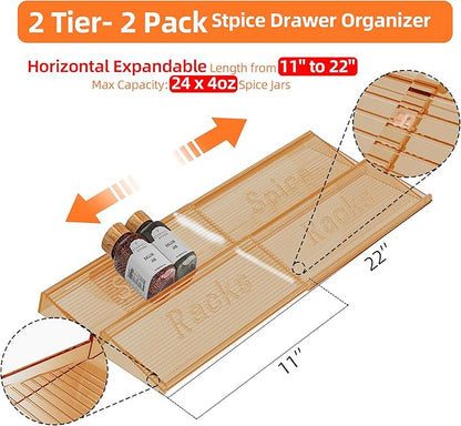 MUDEELA Clear Spice Drawer Organizer, 2 Tier - 2 Set (2 Packs) Spice Rack for Drawer, Expandable From 11" to 22" Kitchen Seasoning Organizers and Storage for Drawer (Jars not included), Amber - Image 2