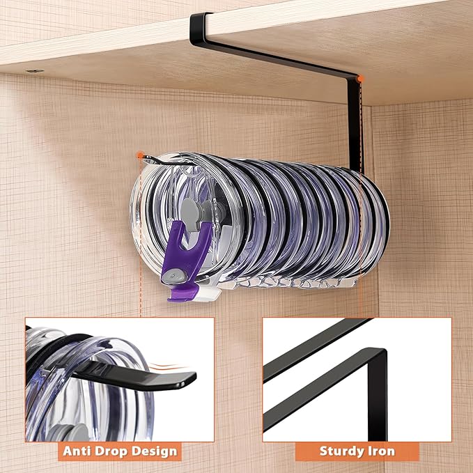 Tumbler Lid Organizer, Horizontal Tumbler Lid Storage Hook Up to 10 Lids, Space Saving Cup Lid Holders Under Cabinet Tumbler Lid Hook for Kitchen Organizer and Storage,Hanging Paper Towel Rack Hanger - Image 4