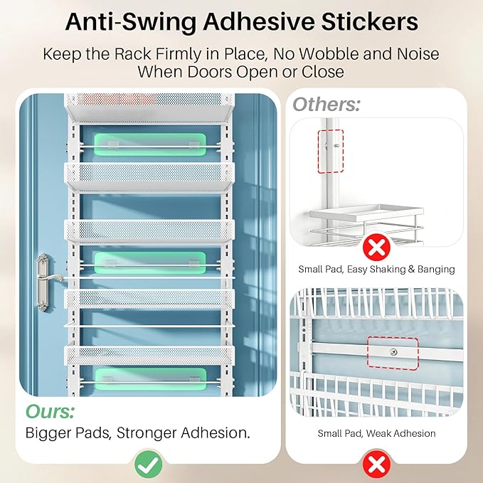 SNTD 8 Tiers Over the Door Organizer - Height Adjustable Pantry Organizers and Storage with Dense Mesh Baskets, Anti-Swing Hanging Door Spice Rack for Kitchen Bathroom (White, 17" W x 6" D x 69" H) - Image 5