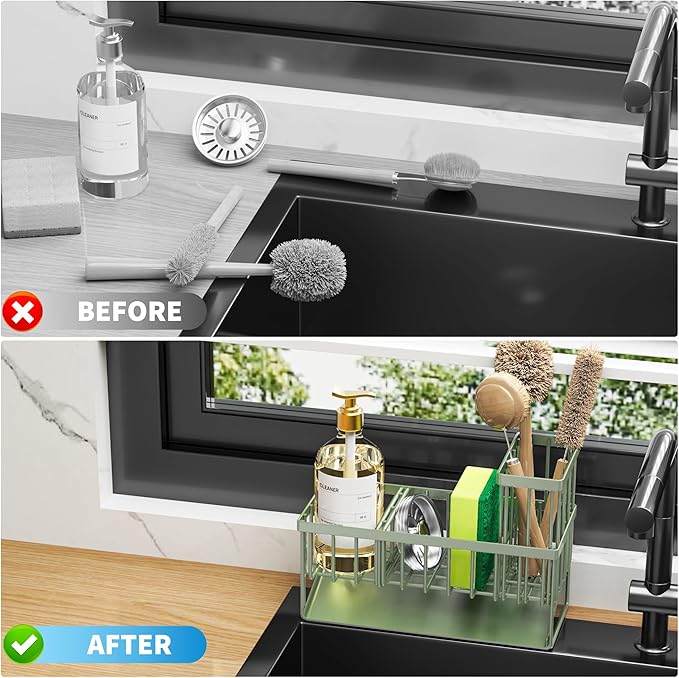 Cisily Kitchen Sink Caddy, Sponge Holder for Kitchen Sink, Kitchen Sink Organzier and Storage with High Brush Holder, 304 Stainless Gadgets Sink Accessories, Organizadores de Cocina Sage Green - Image 6