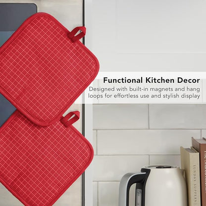 KITCHENAID Gourmet Series Gridlines Pot Holders 2-Pack Set, Heat Resistant up to 600°F, Soft Silicone Grip, Magnetic Cuff, Passion Red, 8"x8" - Image 6