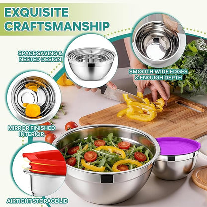 E-far Mixing Bowls With Lids Sets of 5, 10-Piece Stainless Steel Salad Metal Nesting Bowl for Baking Cooking and Prepping, Airtight Lid & Stackable Design, Size 4.6, 3, 2.1, 1.5, 0.7 QT, Colorful - Image 3
