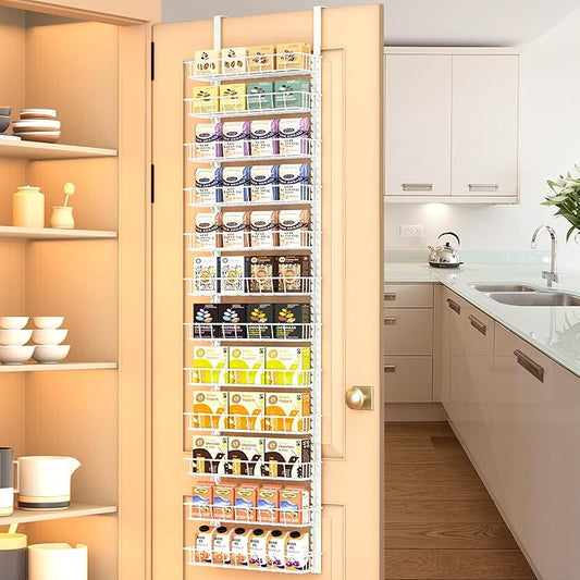 Churboro Over the Door Pantry Organizer Rack with 12 Adjustable Baskets, 12 Tiers Dual-use Spice Rack- Hanging or Wall Mount Spice Rack, Pantry Door Organizer, White by Churboro
