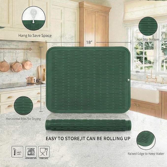 MicoYang Silicone Dish Drying Mat for Multiple Usage,Easy clean,Eco-friendly,Heat-resistant Silicone Mat for Kitchen Counter or Sink,Refrigerator or Drawer Liner Green XL 18 inches x 16 inches - Image 2