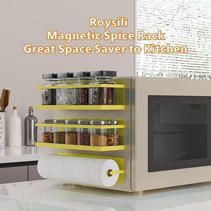 Magnetic Spice Rack For Refrigerator Magnetic Fridge Shelf For Kitchen Spice Organizer Magnetic Shelf For Fridge Space Saving Yellow 4 Pack With Magnetic Paper Towel Holder - Image 5
