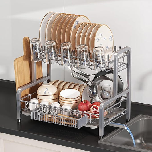 2 Tier Dish Drainer Drying Rack for Kitchen Counter, Large Stainless Steel Dishes Dryer with Drainboard, Space Saving, Big Rustproof Metal Modern Countertop Plates Strainer with Utensil Holder, Sliver by Boosiny