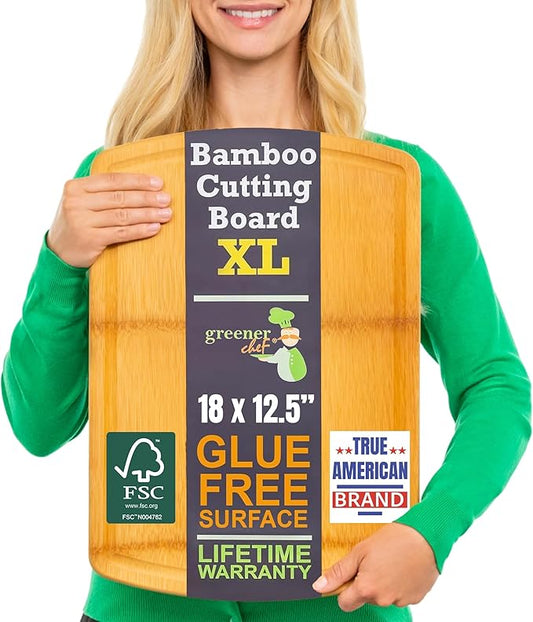 FSC-Certified Extra Large Bamboo Cutting Board Featuring 18 Inch Glue-Free Surface™ – XL, Non-Toxic Wooden Board for Family Kitchens, Butcher Block Style Food Prep with Lifetime Replacements by GreenerChef