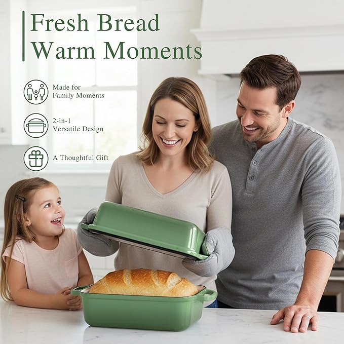 11x5 Inch Cast Iron Bread Pan with Lid, Large Loaf Pans for Sourdough Bread Baking, Even Heat Distribution Dutch Oven Loaf Pan for Homemade Bread, Meatloaf (5.8Qt, Pistachio)