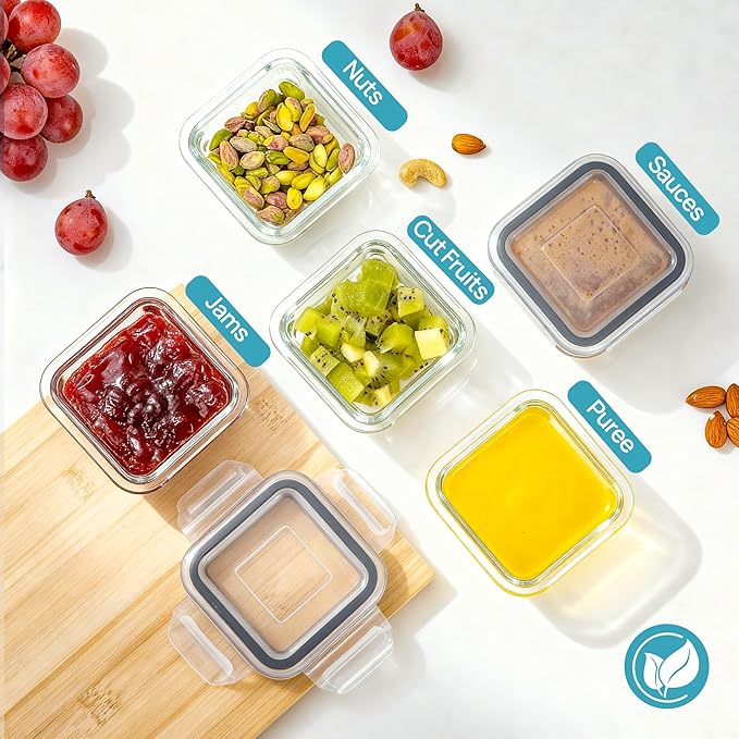 Vtopmart 5Pack 5oz Small Glass Storage Containers with Lids, Glass Meal Prep Food and Sauce Container Sets with Snap Airtight Lids for Microwave, Oven, Freezer and Dishwasher, Grey - Image 3