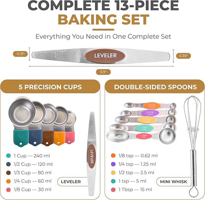 Magnetic Measuring Cups and Spoons Set, 13 Piece 304 Heavy Duty Stainless Steel with Leveler, Mini Whisk & Conversion Chart, Stackable Nesting Design, Double Sided Spoons for Dry & Liquid Ingredients