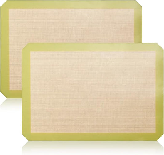 Luckyiren 2-Pack Silicone Baking Mats – Non-Stick Reusable BPA-Free Oven Liners, 100% Food-Grade Silicone, Fit Half Sheet Pans (16.54" x 11.62") for Cookies, Pastry & More, Coffee with Sage Green Edge