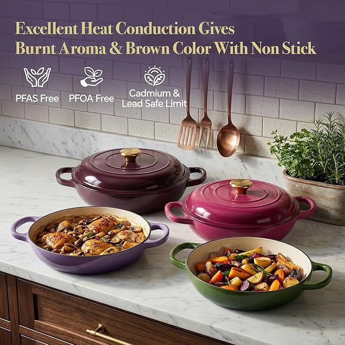 Vintage Style 3 Quart Enameled Cast Iron Braiser, Non Stick Enameled Cast Iron Skillet with Lid, Dutch Oven Skillet with lid up to 500°F for Oven, Stove, Grill, Shallow Dutch Oven for Cook, Bake (Purple) - Image 2