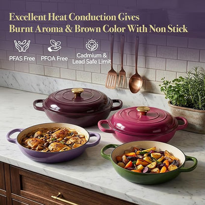 Vintage Style 3 Quart Enameled Cast Iron Braiser, Non Stick Enameled Cast Iron Skillet with Lid, Dutch Oven Skillet with lid up to 500°F for Oven, Stove, Grill, Shallow Dutch Oven for Cook, Bake (Purple) - Image 2